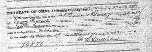 Marriage Record of Henry Roessler and Callie Hassner, Jefferson County, Ohio, 29 Jan 1882.